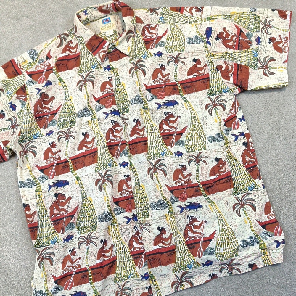 Kahala AVI Collection Mens XL Hawaiian Shirt Tan Cotton Fishing Canoe Print HI